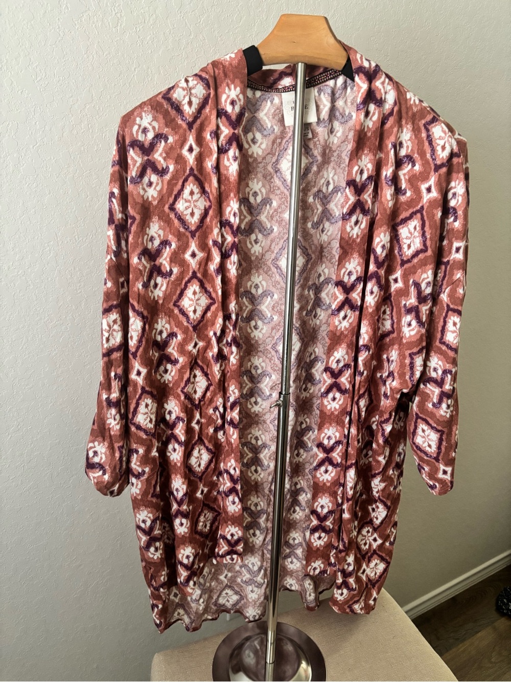 Knox Rose Kimono XS/S Rust Purple Geometric Ikat Rayon Open Front Boho Cardigan